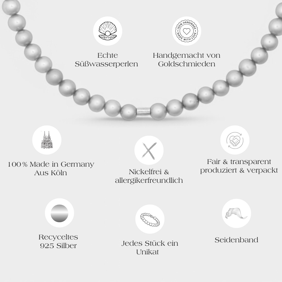 grauer Perlenchoker Tanja aus echten Perlen und Silber mit allen Produktinformationen