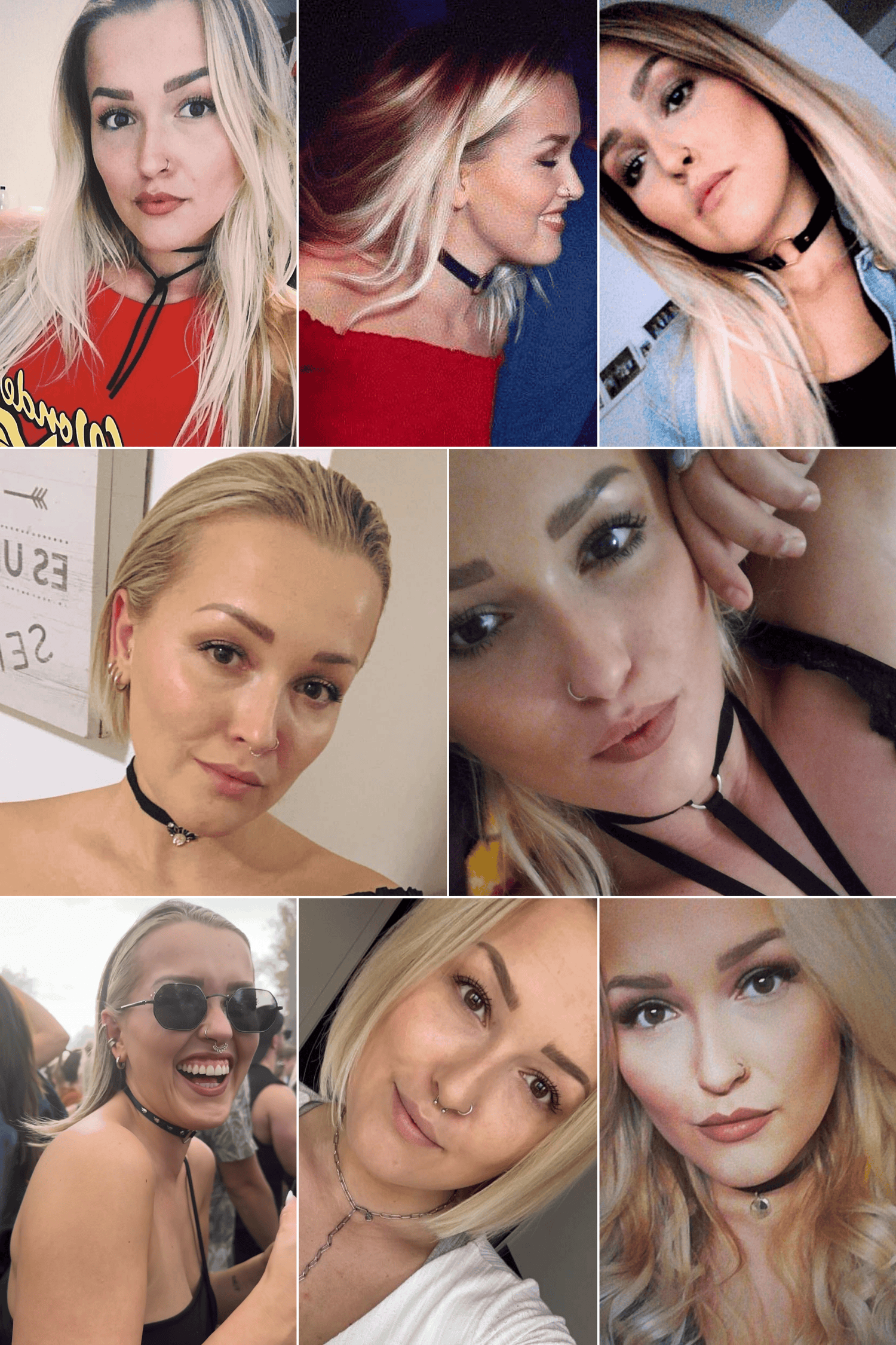 Collage aus 8 Fotos der Gründerin von LIJA-Jewelry, Julija Murawskij, auf denen sie Choker-Ketten trägt und ihre Leidenschaft dafür zeigt.