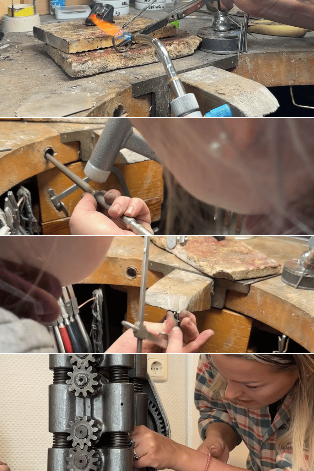 Collage aus vier horizontal angeordneten Bildern: Einblicke in die Werkstatt unserer Goldschmiedin, Geräte und Handgriffe sowie die Gründerin von LIJA-Jewelry, die neben der Goldschmiedin an einem der Geräte arbeitet. Handarbeit aus Deutschland zu einem fairen Preis.
