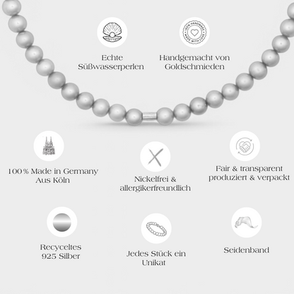 grauer Perlenchoker Tanja aus echten Perlen und Silber mit allen Produktinformationen