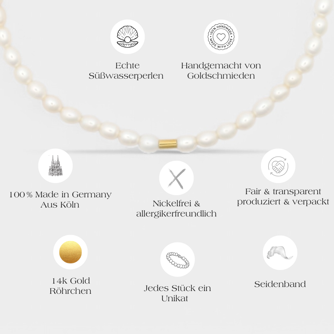 weiss Perlenchoker Tanja aus echten Perlen und 14k Gold mit allen Produktinformationen