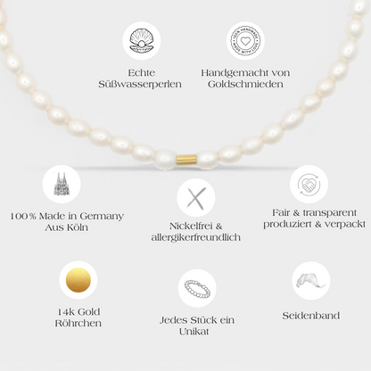weiss Perlenchoker Tanja aus echten Perlen und 14k Gold mit allen Produktinformationen